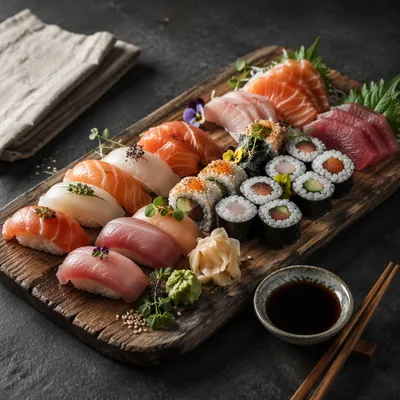 Artistic Sushi Platter on Rustic Wooden Board