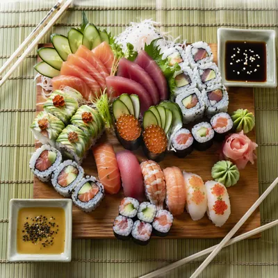 Artistic Sushi Platter on Wooden Board