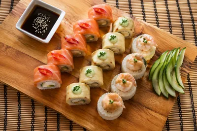 Artistic Sushi Platter on Wooden Board
