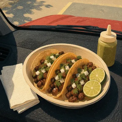 Street Tacos with Lime on Car Dashboard