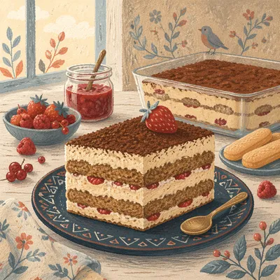 Layered Tiramisu Slice with Berry Garnish