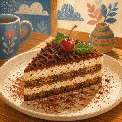 Layered Tiramisu Slice with Cherry and Mint