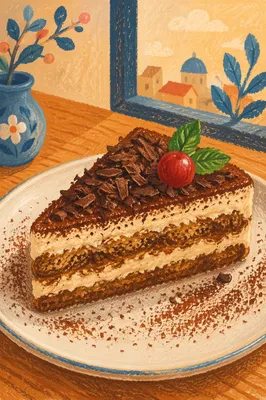 Layered Tiramisu Slice with Cherry and Mint