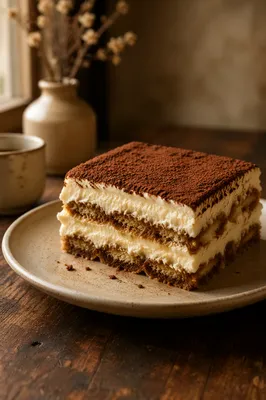 Layered Tiramisu Slice on Rustic Café Table