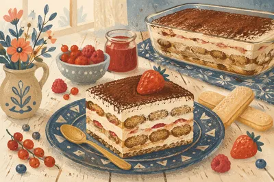 Layered Tiramisu Slice with Berry Garnish