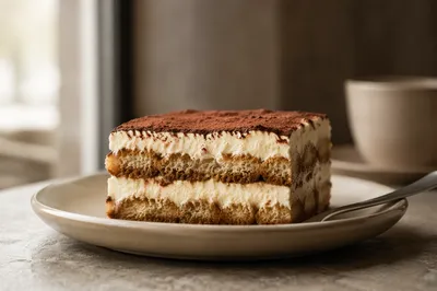 Photorealistic Tiramisu Slice Side View Close-Up