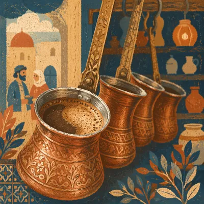 Foamy Turkish Coffee in Copper Pots