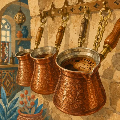 Foamy Turkish Coffee in Ornate Copper Cezve