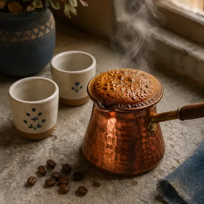 Turkish Coffee Foam in Copper Pot