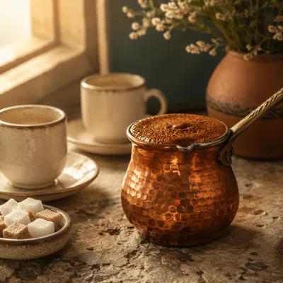 Foamy Turkish Coffee in Copper Pot