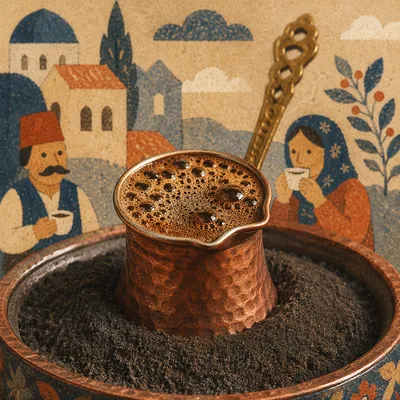 Turkish Coffee Brewing in Copper Pot