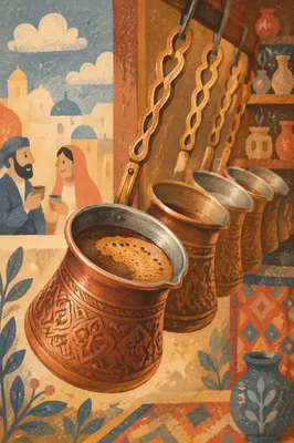 Foamy Turkish Coffee in Copper Pots