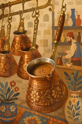 Foamy Turkish Coffee in Ornate Copper Cezve