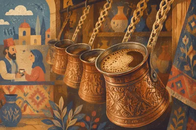 Foamy Turkish Coffee in Copper Pots