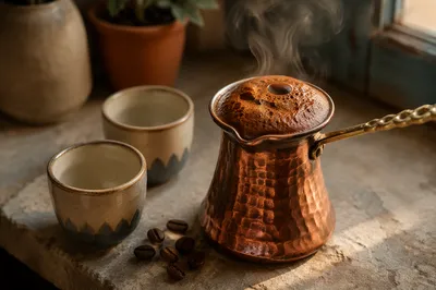 Turkish Coffee Foam in Copper Pot