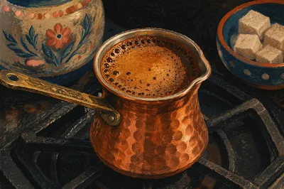 Fresh Turkish Coffee Brewing in Copper Pot