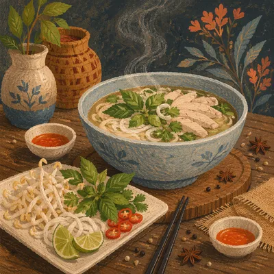 Steaming Vietnamese Pho with Fresh Herbs