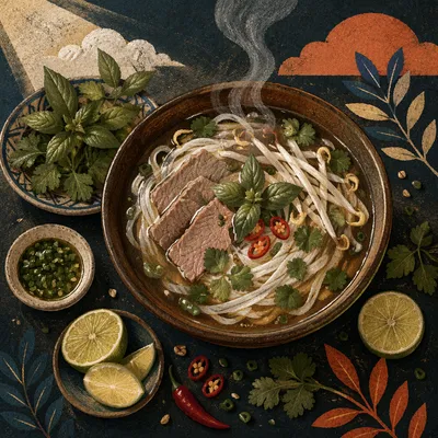 Steaming Vietnamese Pho Bowl with Fresh Herbs