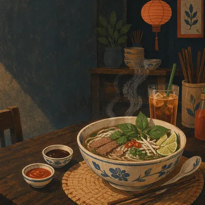 Steaming Vietnamese Pho with Fresh Herbs