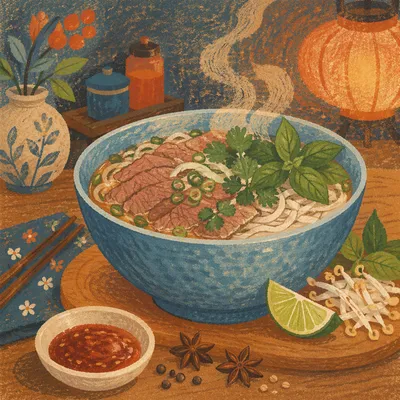 Steaming Vietnamese Pho Bowl with Fresh Herbs
