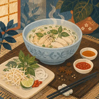 Steaming Vietnamese Pho Bowl with Fresh Herbs