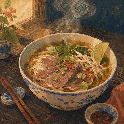 Steaming Vietnamese Pho with Herbs and Lime
