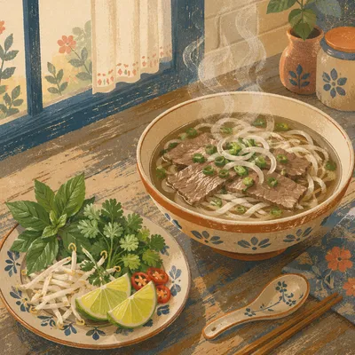Steaming Vietnamese Pho with Fresh Herbs