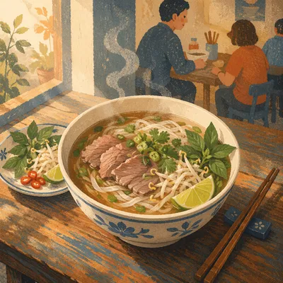 Steaming Vietnamese Pho with Fresh Herbs