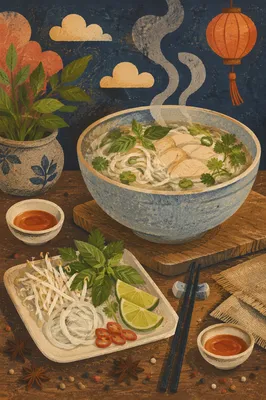 Steaming Vietnamese Pho Bowl with Fresh Herbs