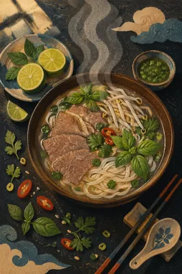 Steaming Vietnamese Pho Bowl with Fresh Herbs