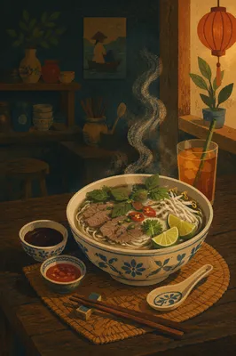 Steaming Vietnamese Pho with Fresh Herbs