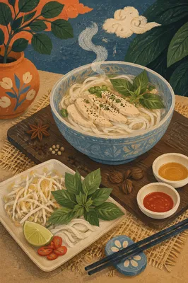 Steaming Vietnamese Pho with Fresh Herbs