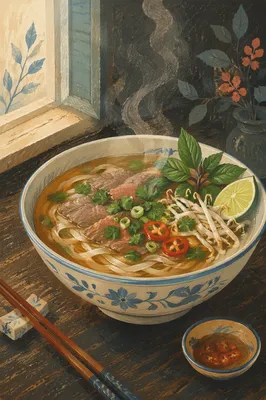 Steaming Vietnamese Pho with Herbs and Lime
