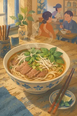 Steaming Vietnamese Pho with Fresh Herbs