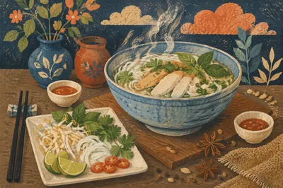 Steaming Vietnamese Pho with Fresh Herbs