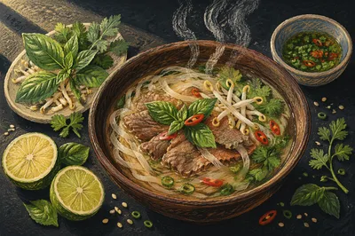 Steaming Vietnamese Pho Bowl With Fresh Herbs