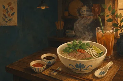 Steaming Vietnamese Pho Bowl with Fresh Herbs