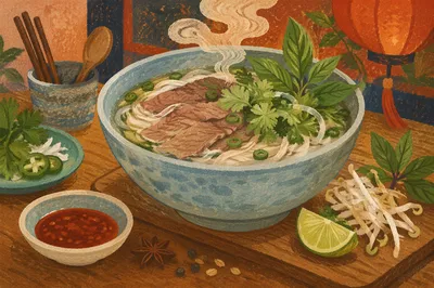 Steaming Vietnamese Pho with Fresh Herbs