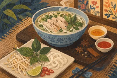 Steaming Vietnamese Pho Bowl With Fresh Herbs