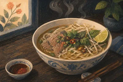 Steaming Vietnamese Pho Bowl with Fresh Herbs