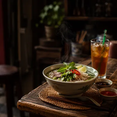 Steaming Vietnamese Pho Bowl with Fresh Herbs