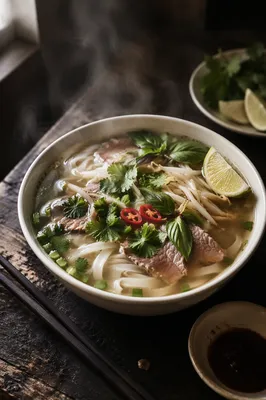 Steaming Vietnamese Pho with Fresh Herbs