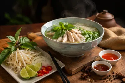 Steaming Vietnamese Pho Bowl with Fresh Herbs