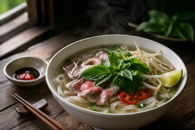 Steaming Vietnamese Pho with Herbs and Lime