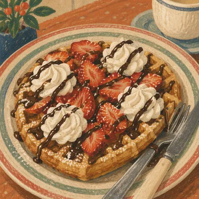 Belgian Waffles with Strawberries and Cream