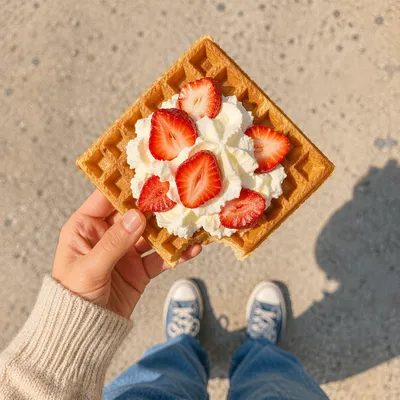 Street Waffle With Cream and Strawberries