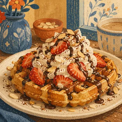 Belgian Waffle with Strawberries and Whipped Cream