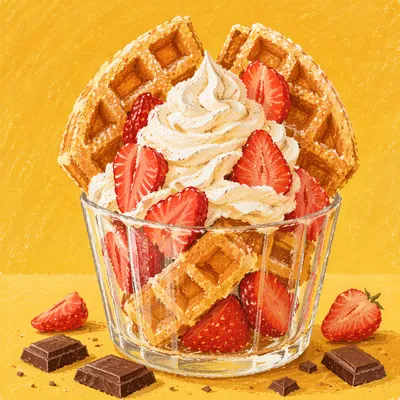 Golden Waffles with Cream and Strawberries