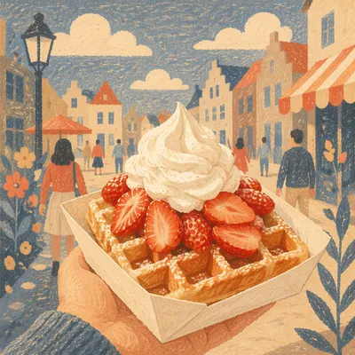 Belgian Waffle with Strawberries and Cream