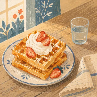Golden Waffles with Strawberries and Cream